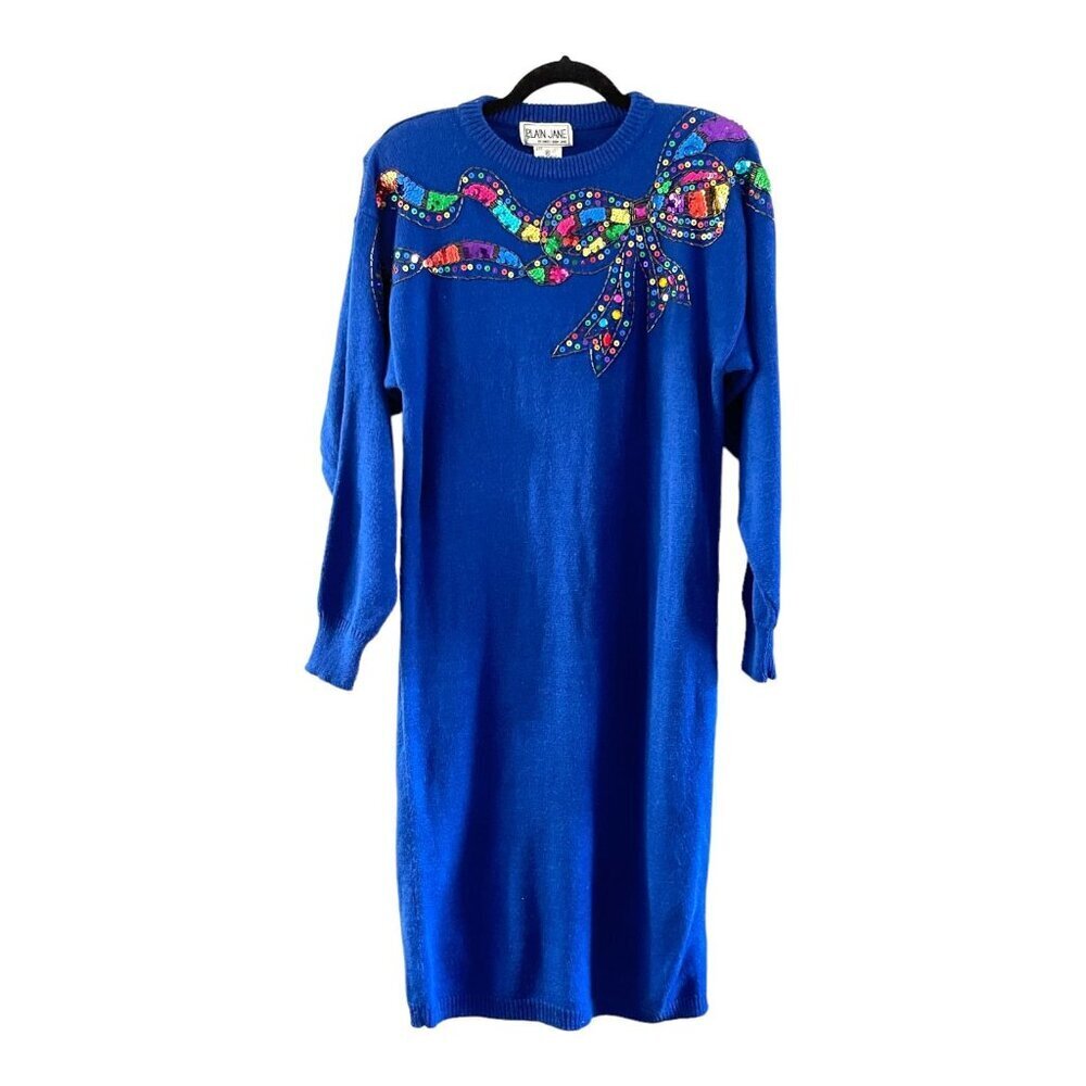 Vintage Plain Jane Size M Knit Embellished Midi Sweater Dress Sequin Bow Holiday